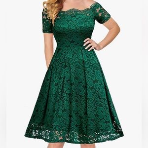 Floral Lace Short Sleeve Boat Neck Cocktail Party Swing Green Dress